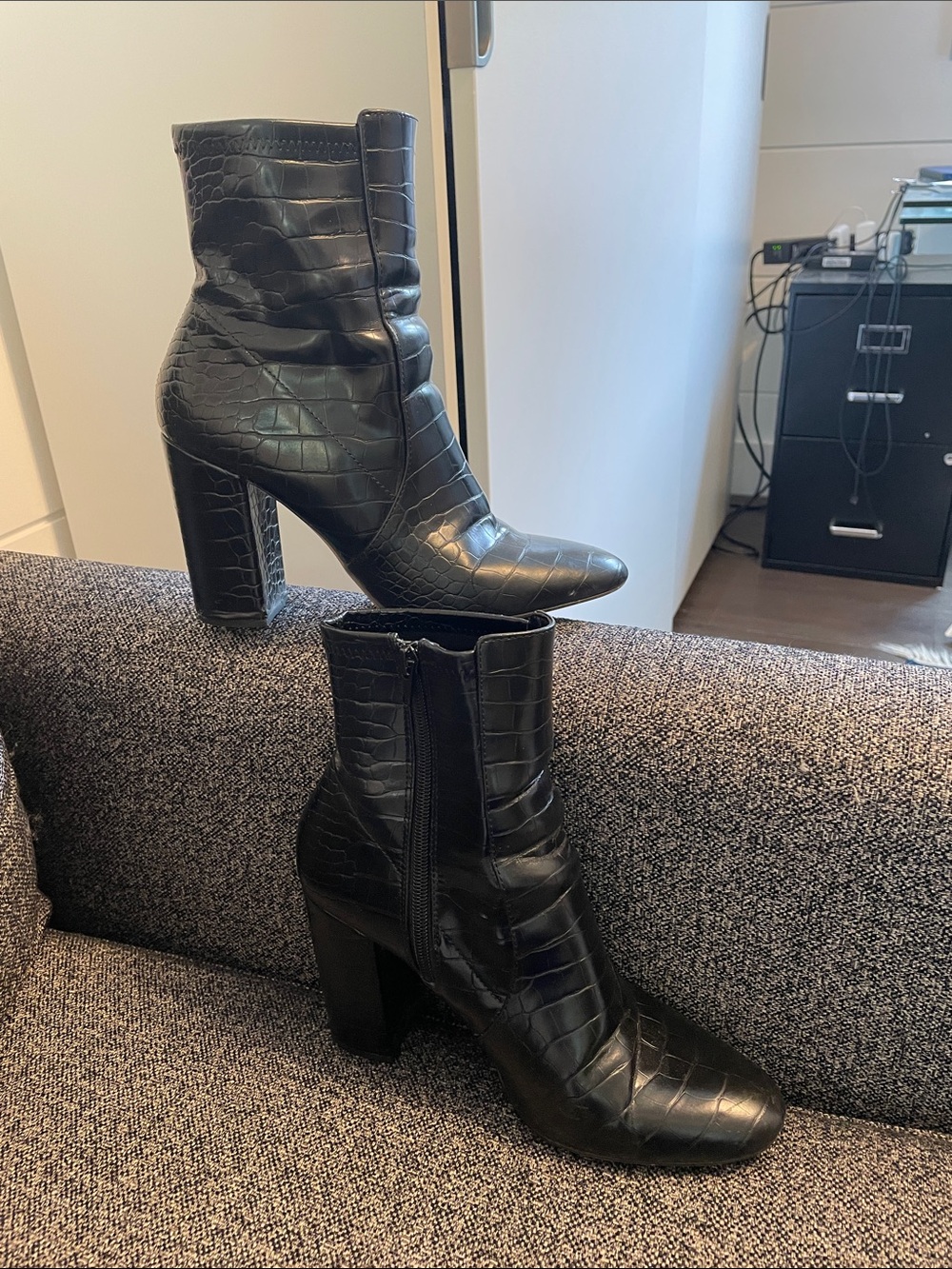Aldo Black Croc-Embossed Pointed Toe Block Heel Ankle Boots